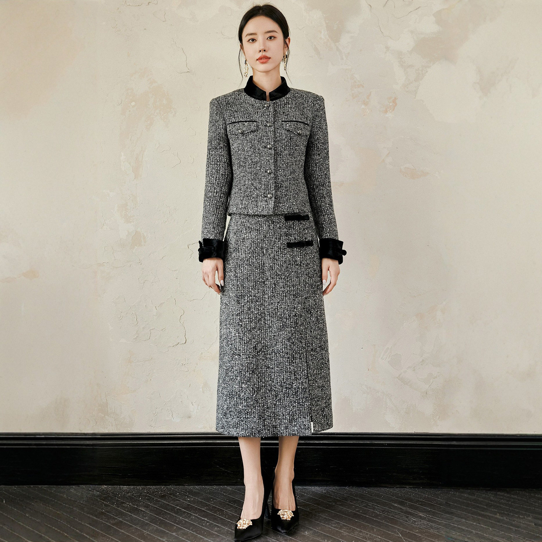 黑灰色羊毛小香风套装裙西装外套女国风短款西服职业正装宴会礼服