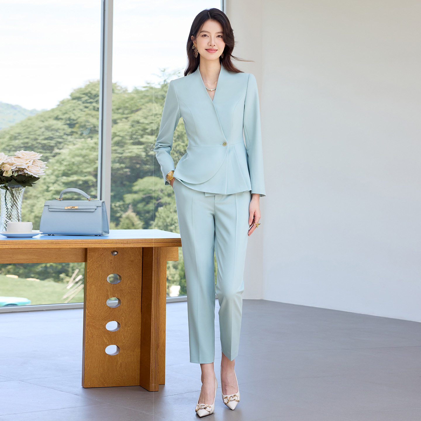 碧绿色西装套装职业荷叶边工作服