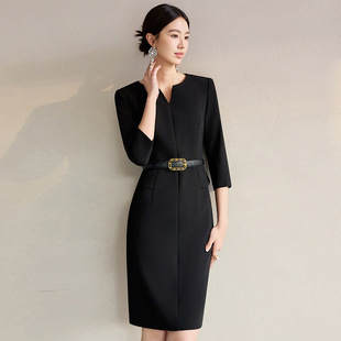 高端黑色职业连衣裙女高级感气质工装V领售楼部珠宝店工作服