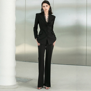 高级感蕾丝花边黑色西装套装女总裁设计感职业西服正装洋气阔腿裤
