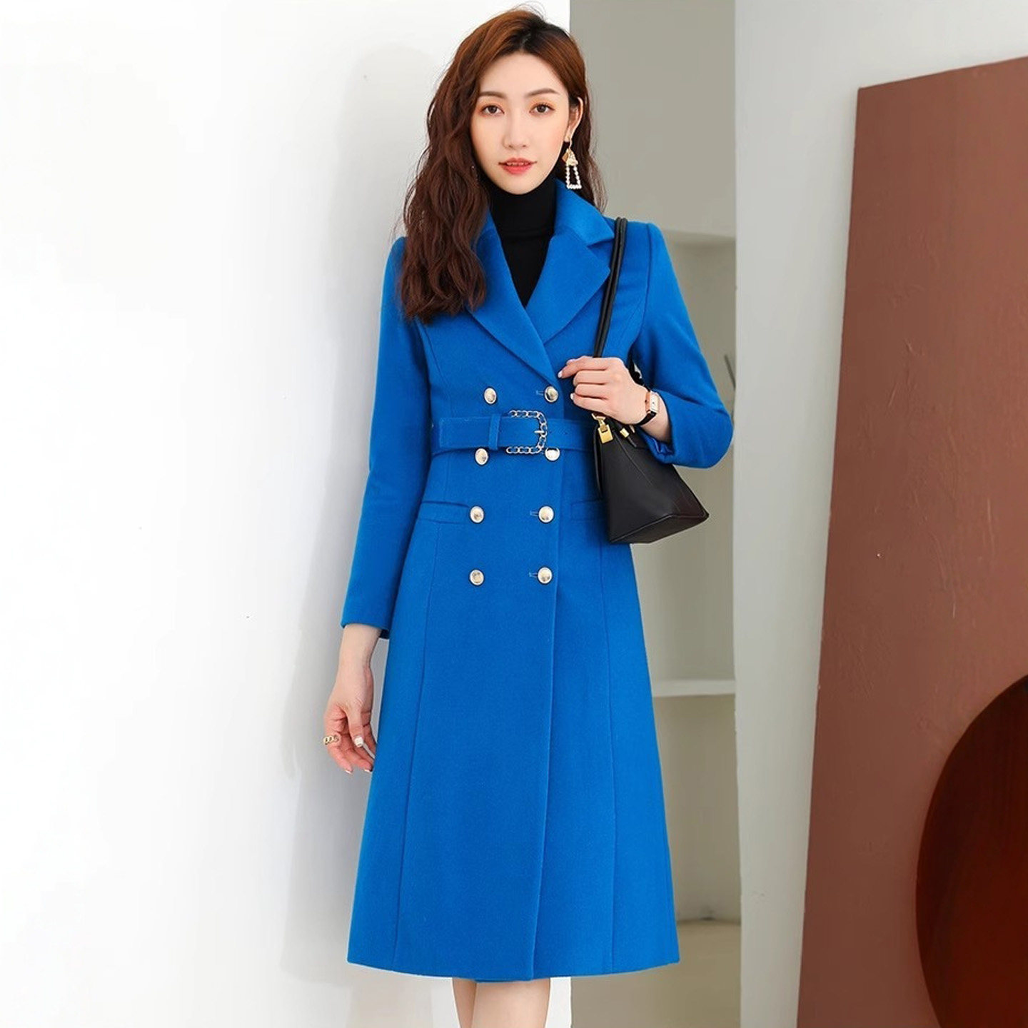 高端蓝色加厚职业西装毛呢外套女中长款保暖工作服双排扣冬季外套