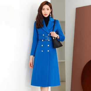 高端蓝色加厚职业西装毛呢外套女中长款保暖工作服双排扣冬季外套