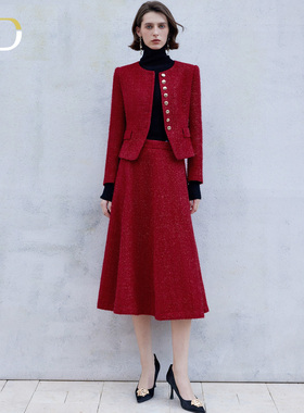 AD红色小香风粗花呢套装短外套套裙伞裙2025秋冬高级感宴会礼服女