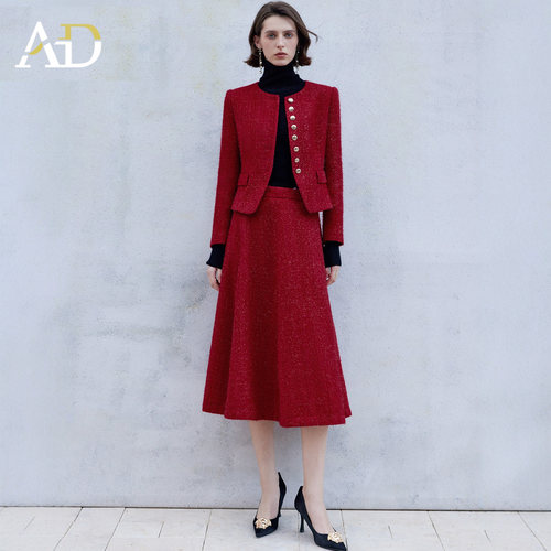 AD红色小香风粗花呢套装短外套女