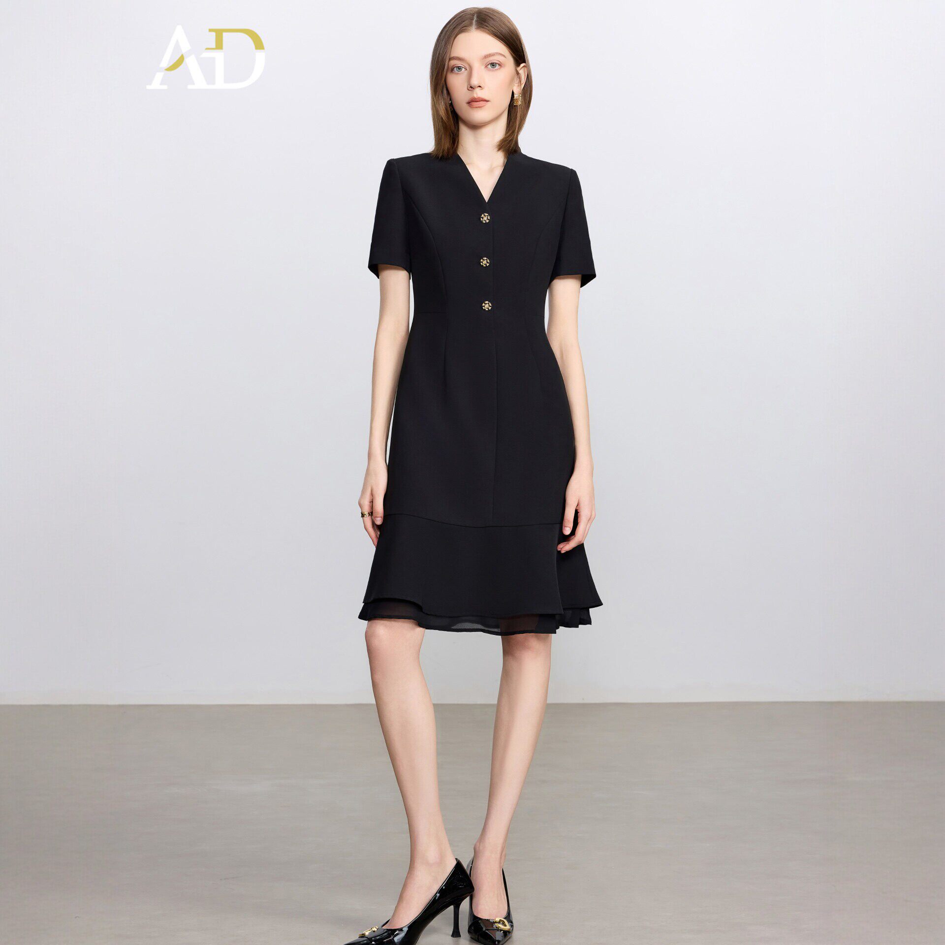 宴会礼服AD黑色轻奢职业连衣裙女夏季气质时尚高级感双层纱鱼尾裙