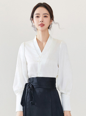 新中式交领上衣女白色提花珍珠扣衬衫新款国风改良汉服衬衣打底衫