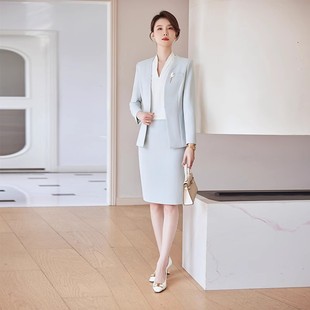 J-ME主持人职业套装裙浅蓝色长袖西装女气质女神范春秋工作服礼服
