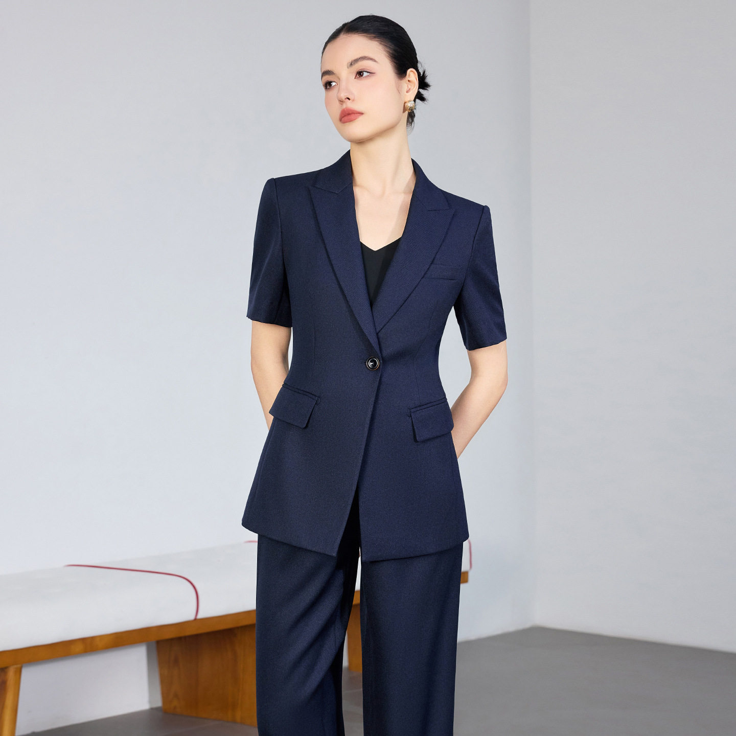 高端藏青色西装套装女夏季工作服