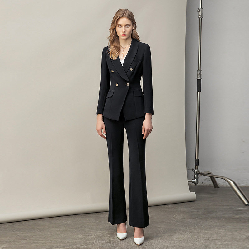 高端黑色西服套装冬外套女气质修身微喇裤工装白领商务正装工作服