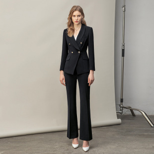 高端黑色西服套装冬外套女气质修身微喇裤工装白领商务正装工作服
