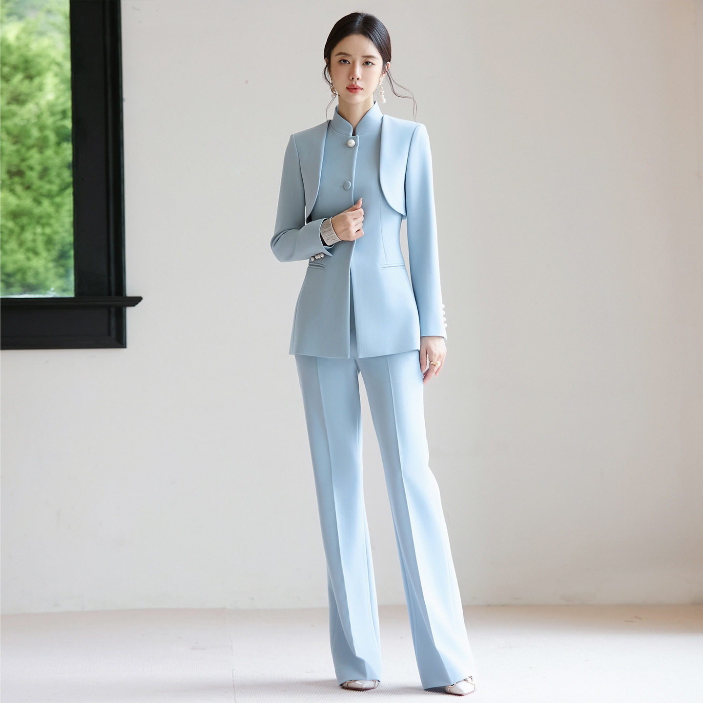 扶摇浅蓝色新中式主持人西装套装女高端改良西服上衣披肩国风礼服