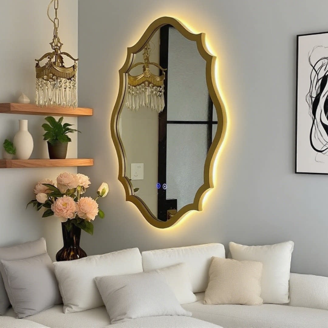 法式椭圆木制带灯LED化妆镜