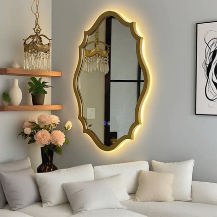 法式椭圆木制带灯LED智能触控洗手台卫生间壁挂补光化妆异形镜子