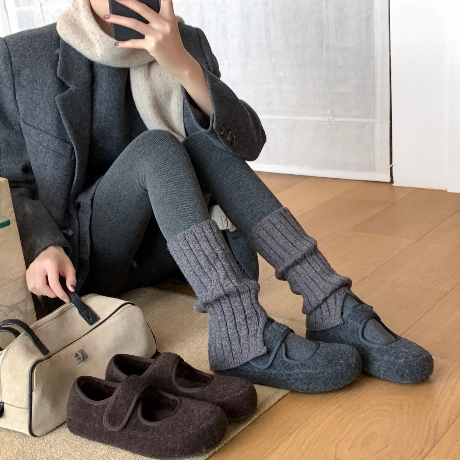 韩系魔术贴呢子玛丽珍女鞋