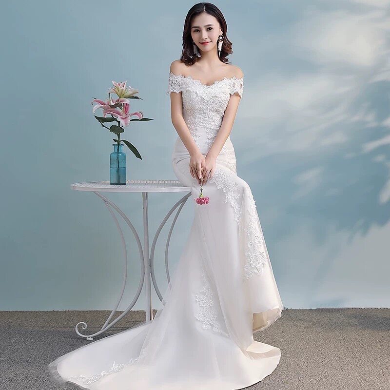 轻婚纱2025新款新娘公主一字肩森系婚纱礼服气质修身显瘦鱼尾拖尾