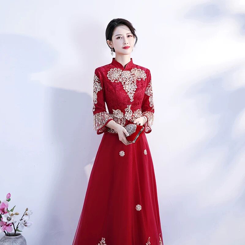结婚敬酒服2025新款2025旗袍中式酒红色秀禾服新娘长款礼服裙演出