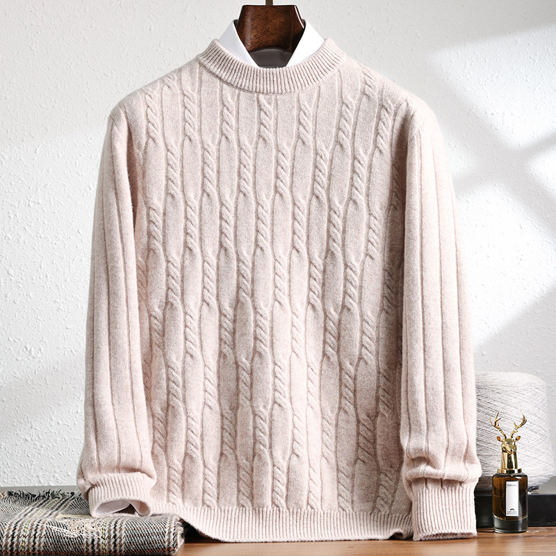 麻花纹100羊毛居家中长款圆领