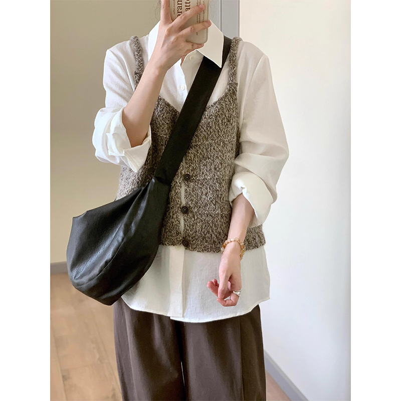 两穿日韩复古百搭文艺棕色毛衣背心个性时尚休闲日常叠穿短款马甲