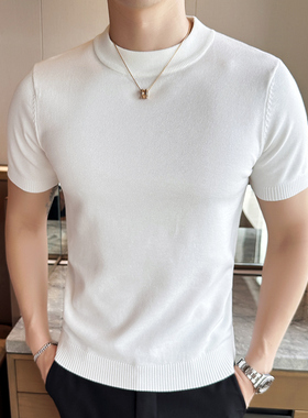 潮流短袖毛衣男纯色针织衫修身打底衫立领半袖线衣t恤半高领体恤