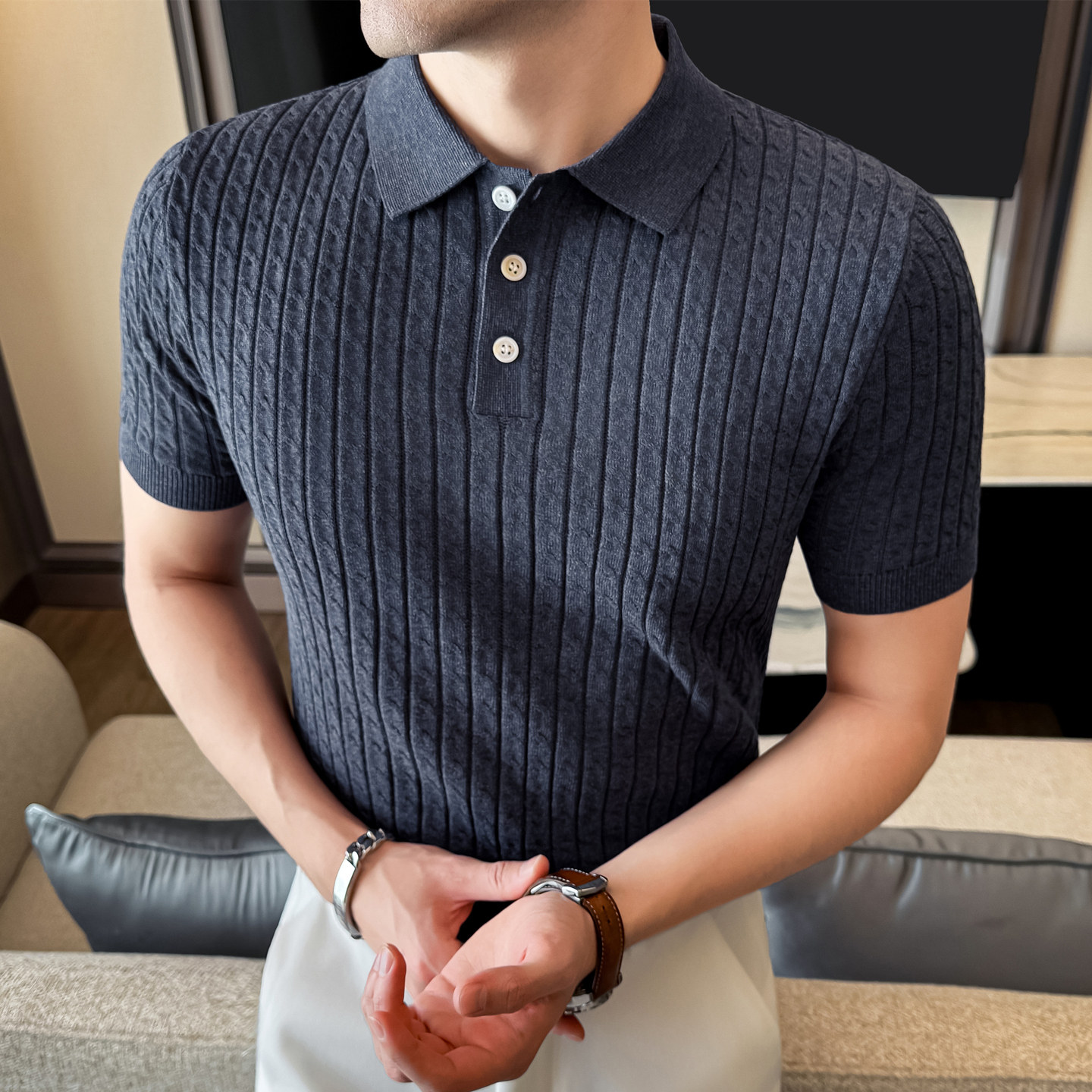 夏季亚麻透气针织短袖t恤翻领打底衫polo衫男半袖体恤麻花纹线衫