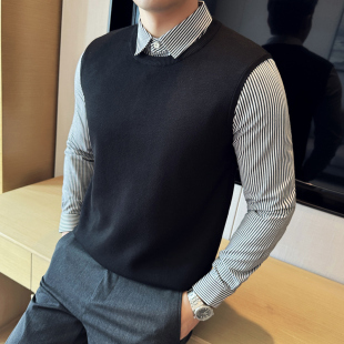 马夹潮 领坎肩青年毛线马甲线衫 假两件圆领无袖 毛衣针织背心男衬衫