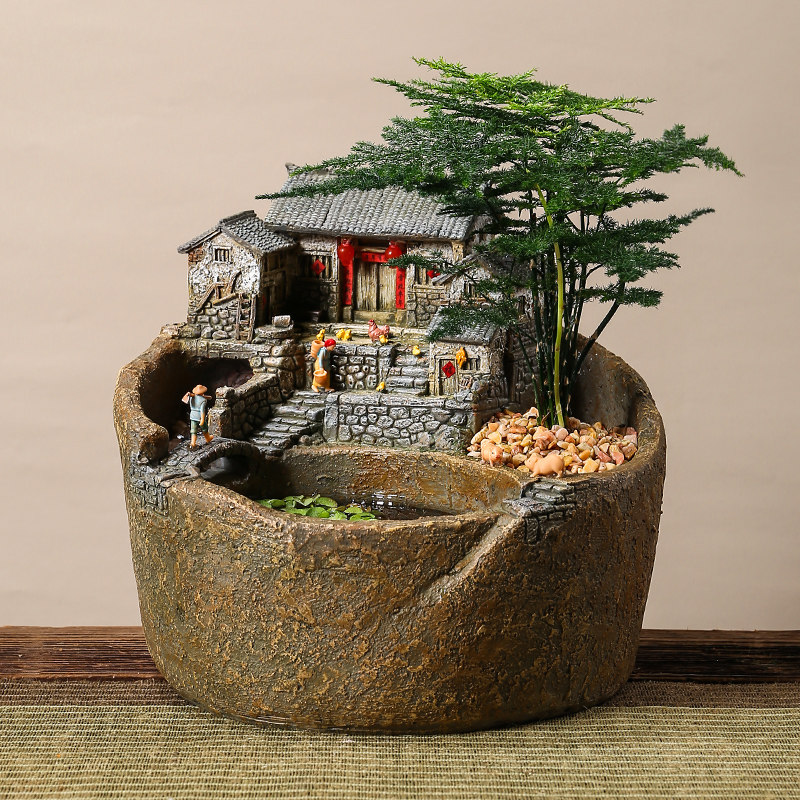创意流水摆件循环水玄关永动露台造景鱼缸禅意造景茶几装饰品复古