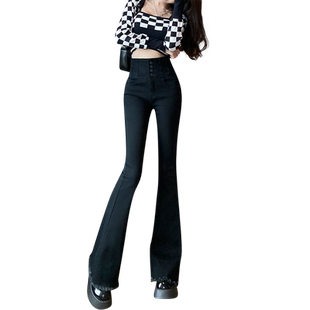 超高腰收腹微喇叭牛仔裤女春装新款小个子黑色排扣拖地小喇叭裤子