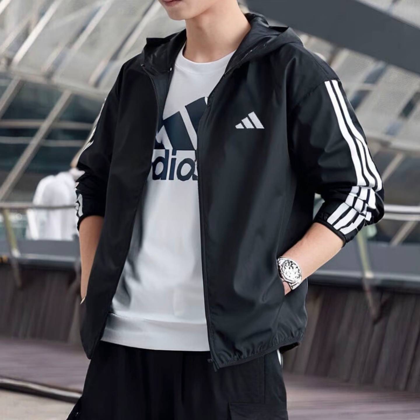Adidas阿迪达斯三叶草外套男款2026秋季新款立领宽松条纹夹克百补