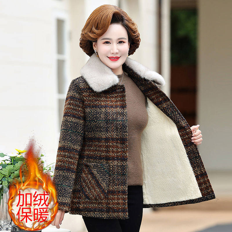 中年妈妈秋冬装毛呢外套短款洋气中老年女装格子呢子加绒加厚