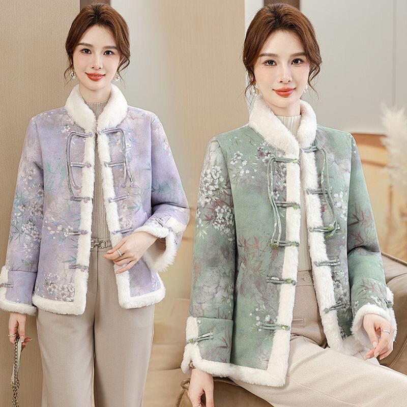 新款妈妈棉服国风加绒中式冬季复古盘扣加厚保暖麂皮棉衣外套