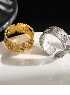 欧美风万花筒镶钻四叶草开口戒指