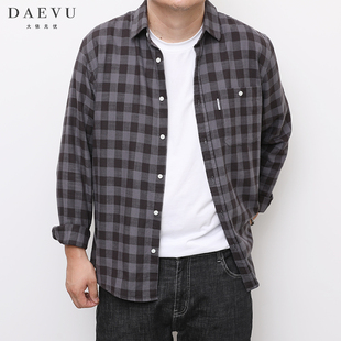 DAEVU春秋新款格子布韩版潮胖子大号加肥加大码男士长袖衬衫衬衣