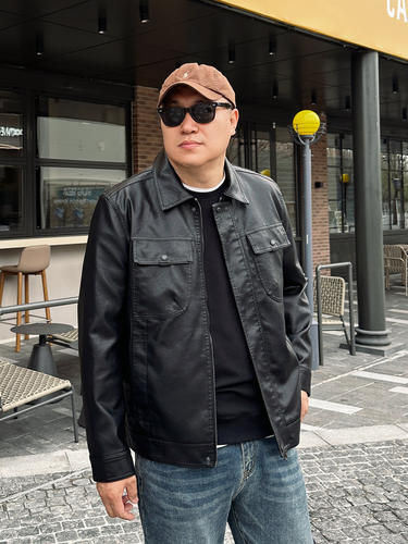 Daevu大码男PU皮衣外套翻领