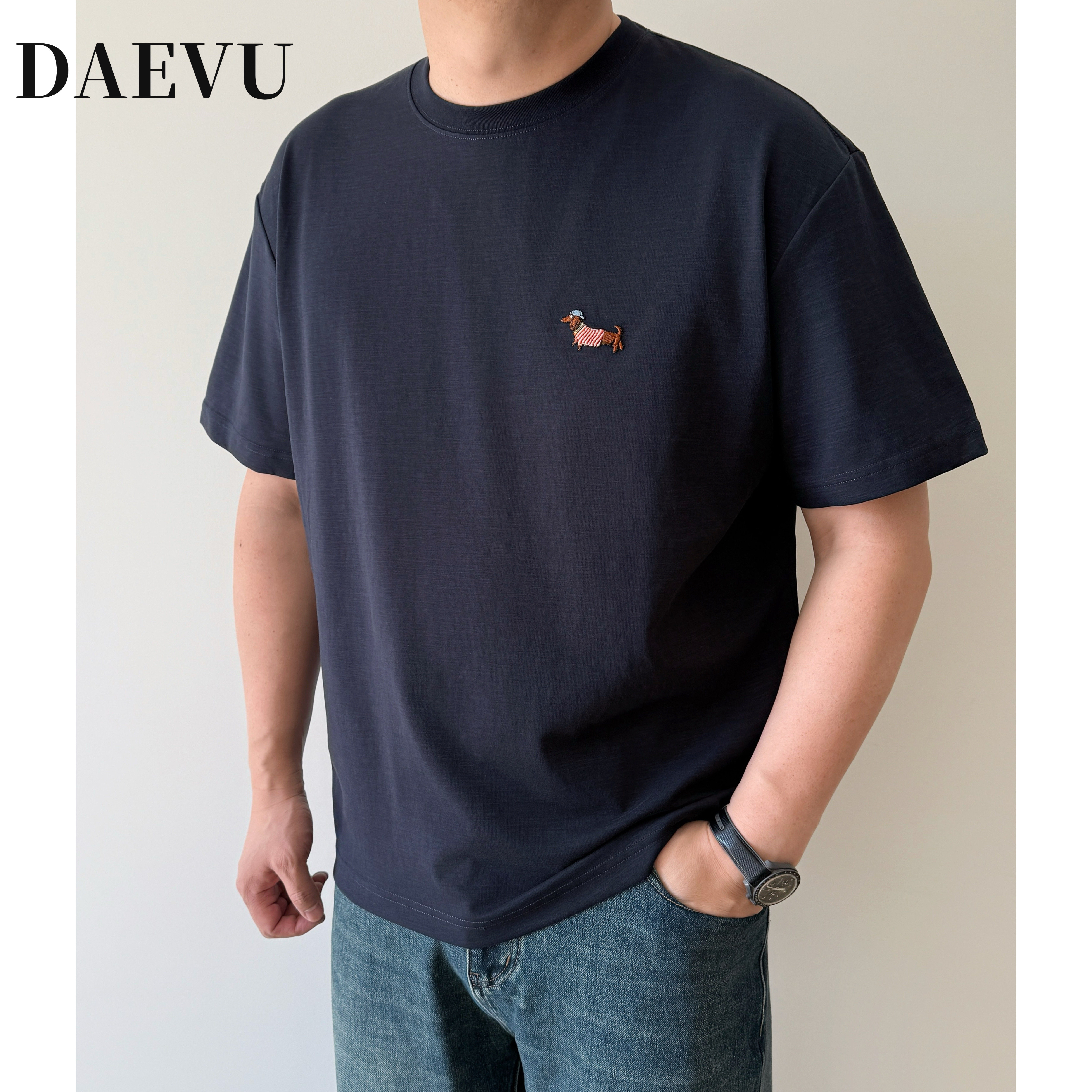 DAEVU大码男装夏季小狗刺绣简约藏青色潮胖子加肥加大男款短袖T恤
