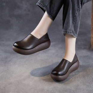 头层牛皮两穿厚底松糕乐福单鞋女2026春秋新款一脚蹬复古勃肯鞋子