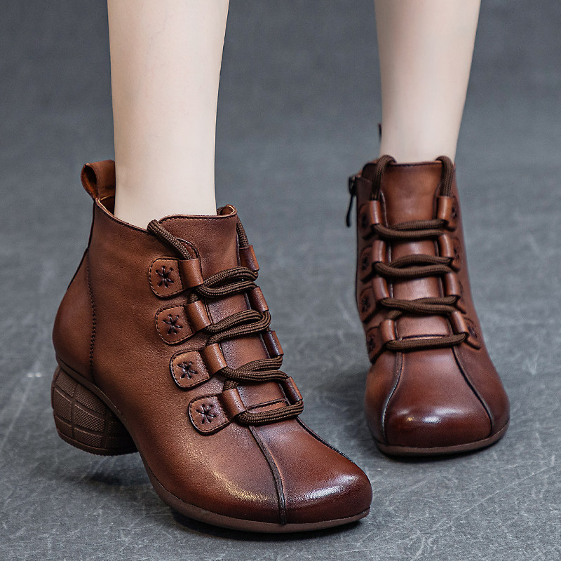 复古真皮粗跟单靴女2024秋冬新款软底舒适女鞋头层牛皮中跟马丁靴,女鞋,马丁靴,淘宝优惠券,粉丝福利购,淘宝优惠卷