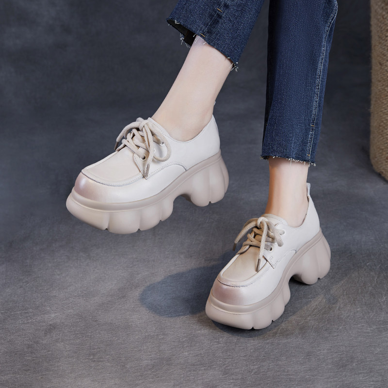 头层牛皮厚底增高乐福鞋女2025春秋新款系带百搭显脚小休闲女单鞋