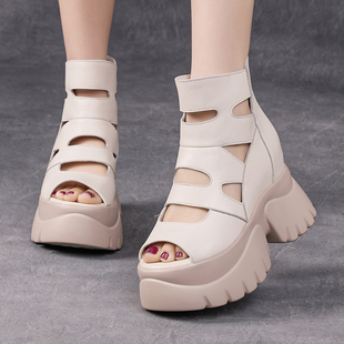 厚底坡跟凉靴复古镂空内增高鱼嘴女鞋 真皮罗马凉鞋 女2026春夏新款