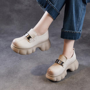 7cm厚底增高休闲单鞋 真皮金属扣英伦风松糕底乐福鞋 女2026春季