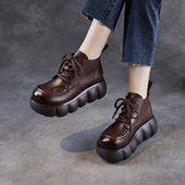 英伦复古圆头真皮短靴女松糕厚底马丁靴系带高帮皮鞋 2025秋季 新款