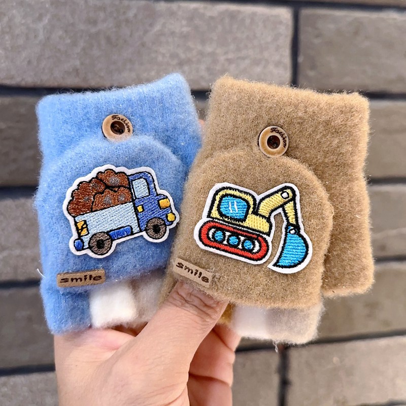 儿童手套半指翻盖卡通可爱毛线