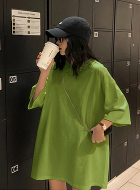 牛油果绿色韩版宽松t恤女夏季2025新款下半身失踪中长款短袖上衣