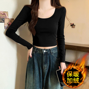 黑色圆领打底衫女内搭2026新款冬季双面绒加绒小个子短款长袖上衣