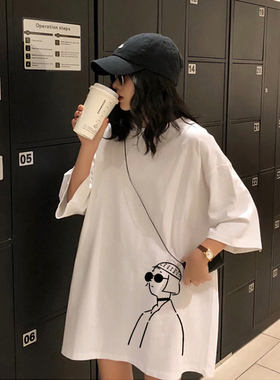 白色印花短袖T恤女夏2023年新款网红ins潮韩版中长款下衣失踪上衣