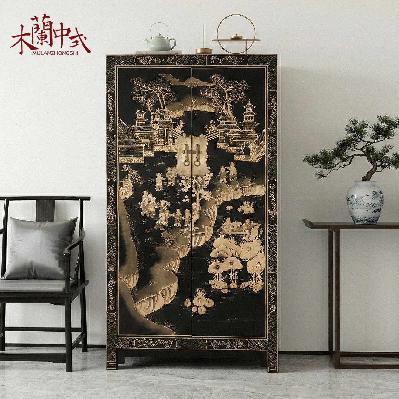 新中式家具仿古手绘衣柜黑漆描金实木柜古典明清储物酒店大堂立柜