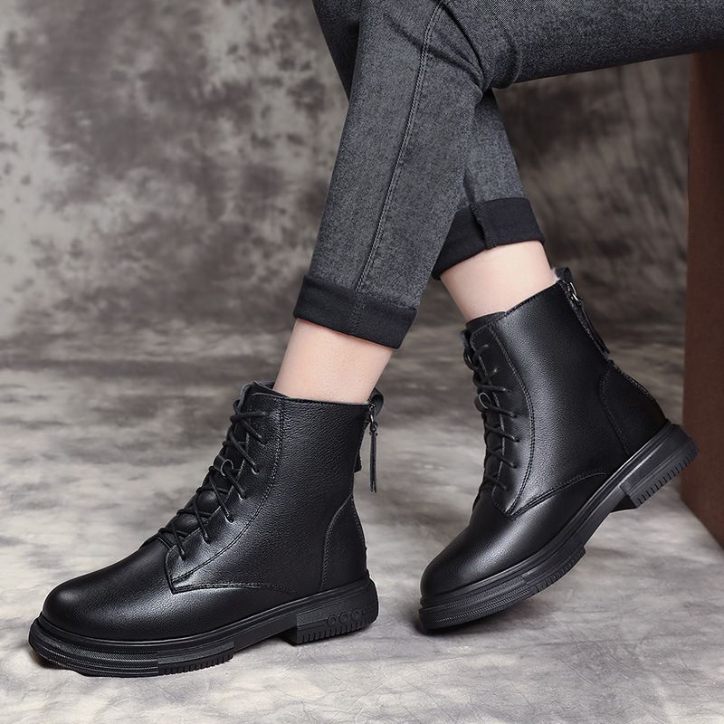 秋冬女士保暖舒适靴子新款软皮女靴中跟粗跟英伦复古马丁靴