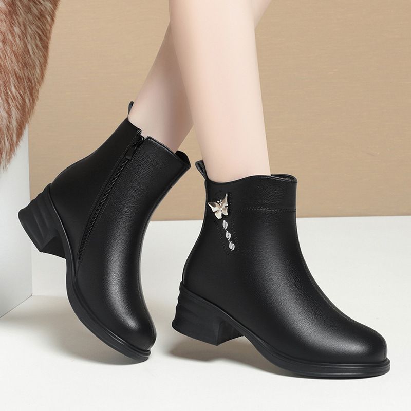 粗跟短靴女中跟女士靴子新款女靴秋冬季皮鞋中年妈妈鞋子棉鞋