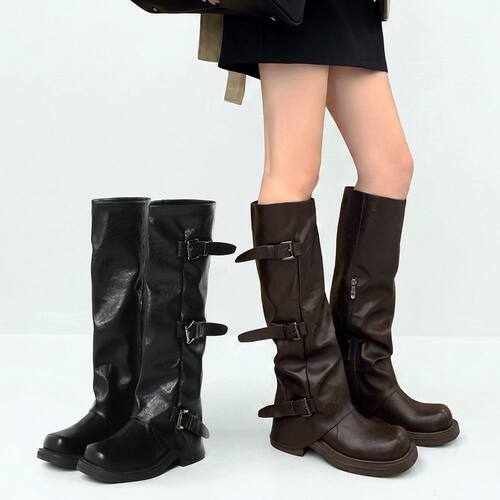 8cm-内增高骑士靴女2026秋冬新款厚底皮带扣裤管褶皱堆堆长筒靴子