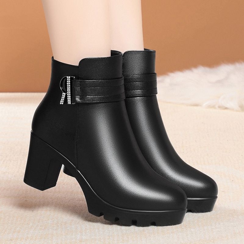 简约高级马丁靴春秋单靴高跟女靴厚底短靴百搭妈妈鞋秋冬棉鞋