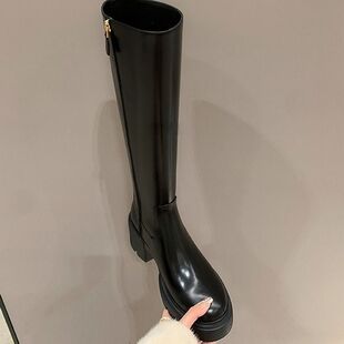 长筒靴女秋冬春矮小个子增高厚底骑士靴子硬筒高跟高筒长靴